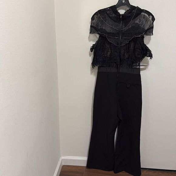 Self Portrait Fine Lace Black Cropped Wide Leg Jumpsuit. Size 2. - Picture 10 of 12